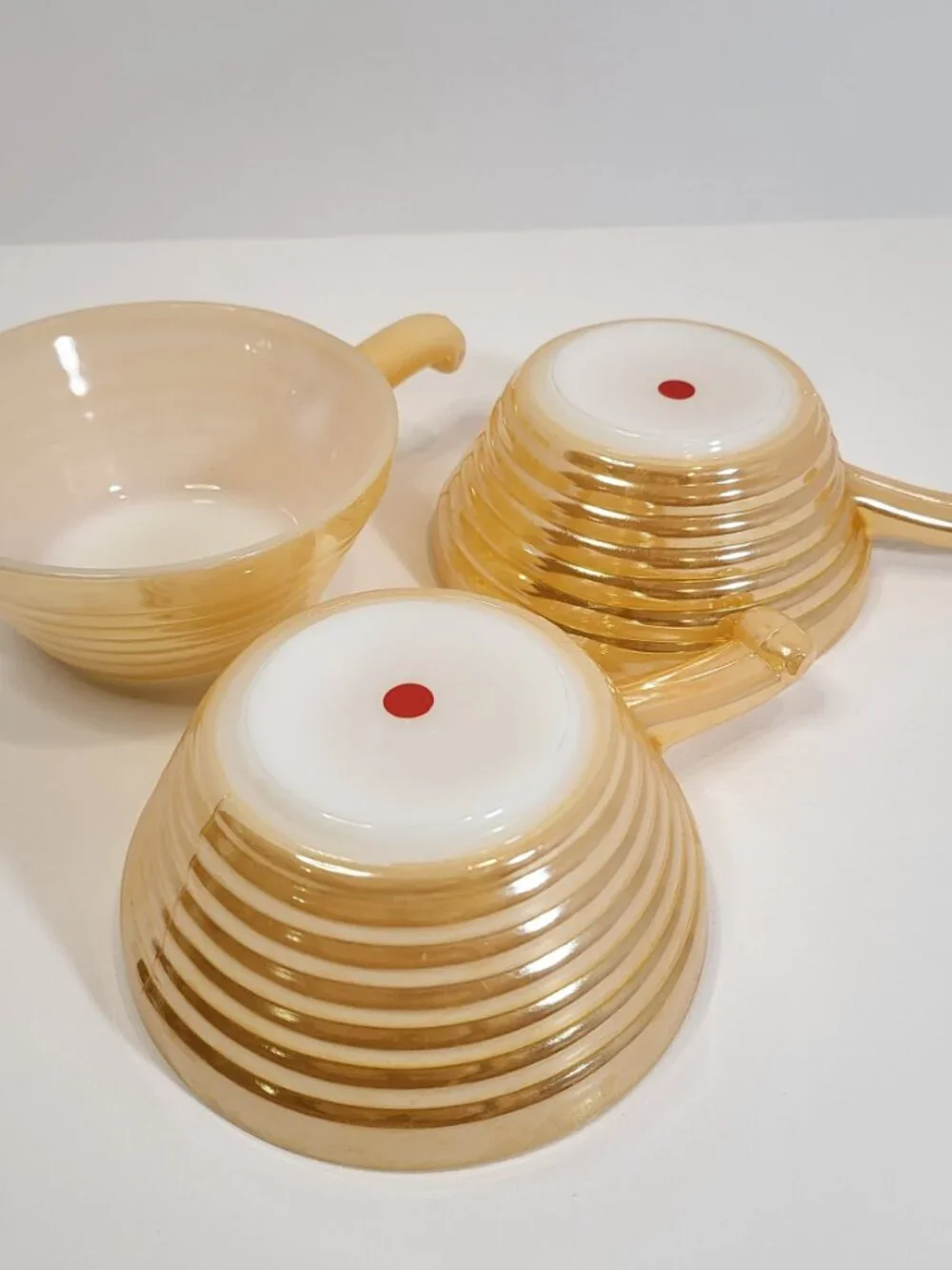 Set of 3 Vintage Fire-King Peach Luster Beehive Handled Soup Bowls